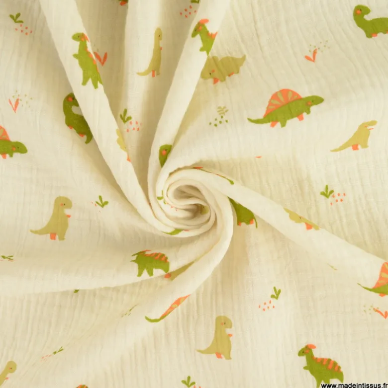 Tissu Double gaze Didi motif dinosaure fond Ecru - OEKO TEX