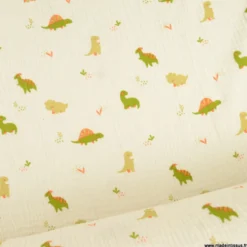 Tissu Double gaze Didi motif dinosaure fond Ecru - OEKO TEX