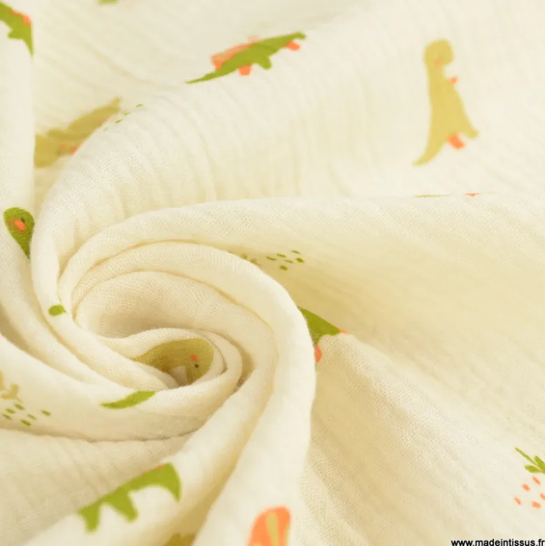 Tissu Double gaze Didi motif dinosaure fond Ecru - OEKO TEX