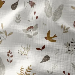 Tissu Double gaze Elisa motif feuillages et oiseaux fond Ecru - OEKO TEX