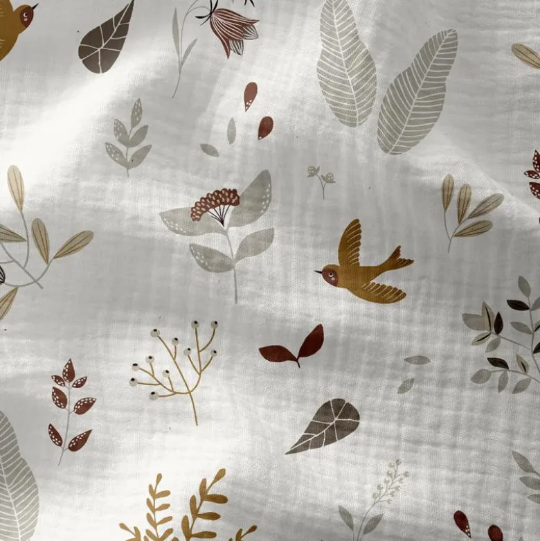 Tissu Double gaze Elisa motif feuillages et oiseaux fond Ecru - OEKO TEX