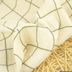 Tissu Double gaze Jacques à carreaux écru et fougère - OEKO TEX