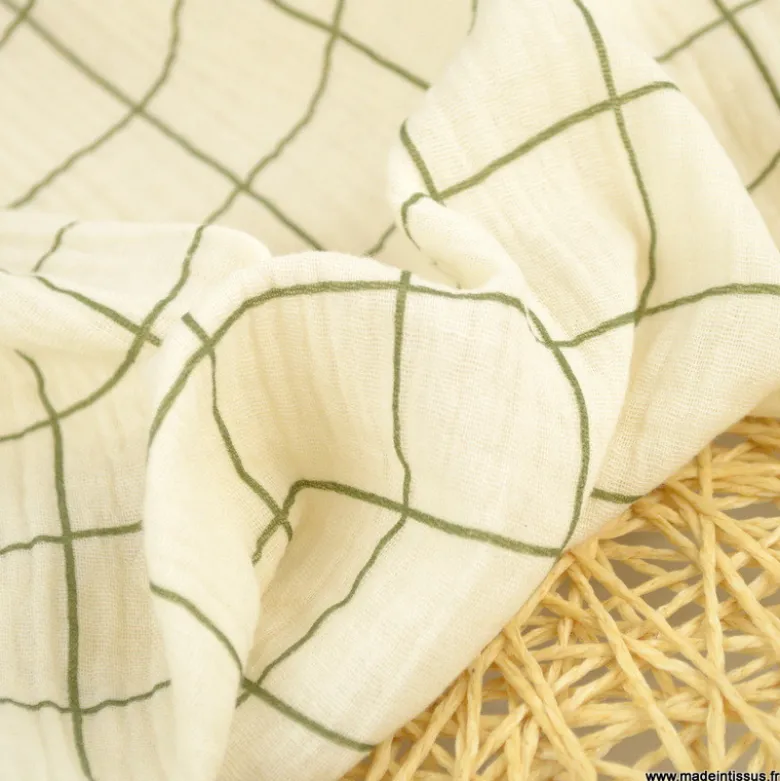 Tissu Double gaze Jacques à carreaux écru et fougère - OEKO TEX