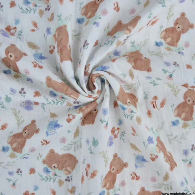 Tissu Double gaze Kalou motif oursons beige - OEKO TEX