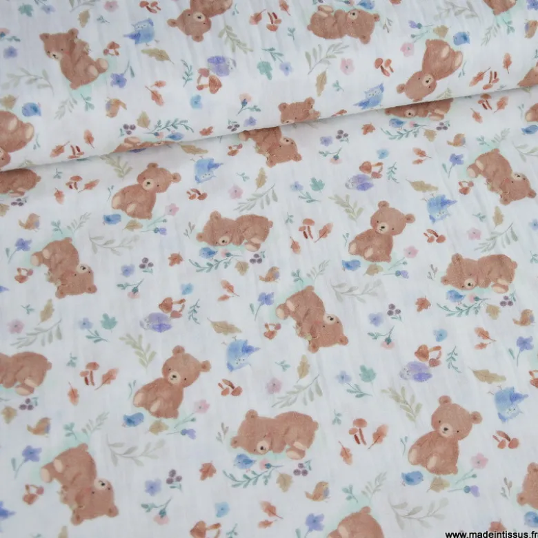 Tissu Double gaze Kalou motif oursons beige - OEKO TEX