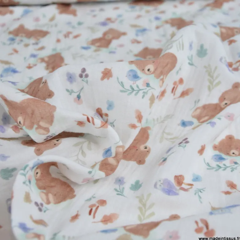 Tissu Double gaze Kalou motif oursons beige - OEKO TEX
