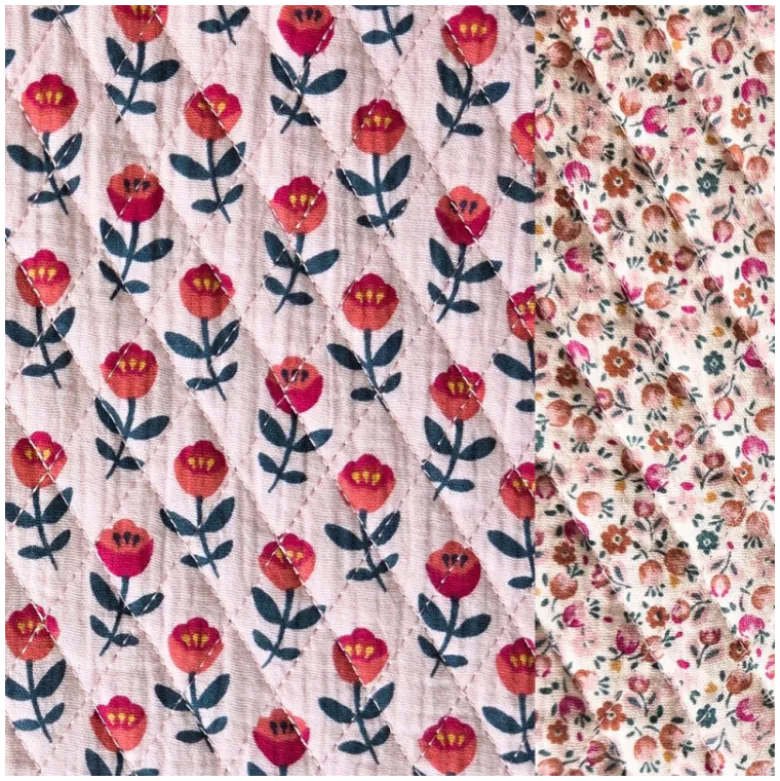 Tissu double gaze matelassé Artiom envers Caseilles fleurs roses - OEKO TEX