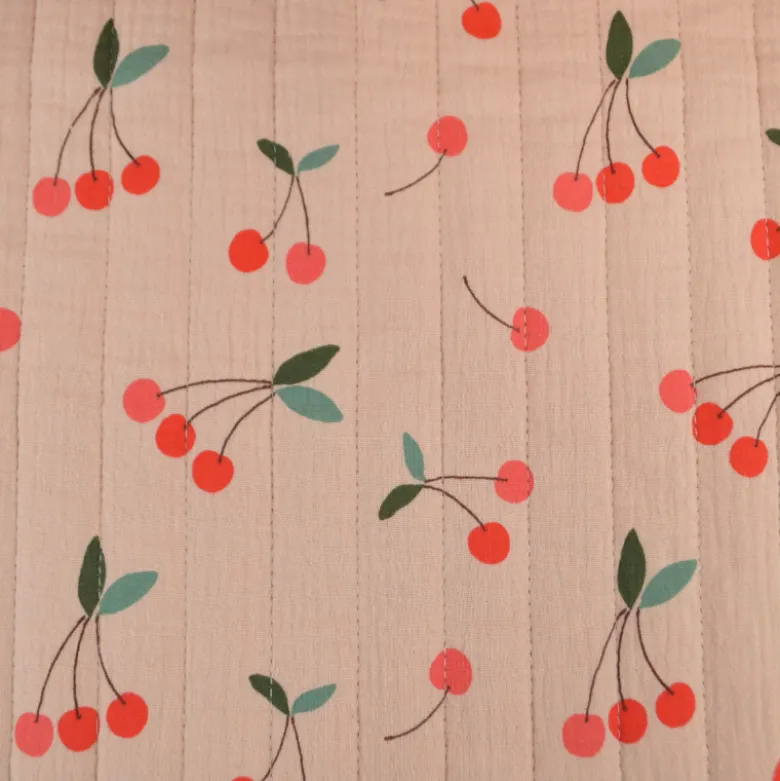 Tissu double gaze matelassé Clafoutis motif cerises et rayures