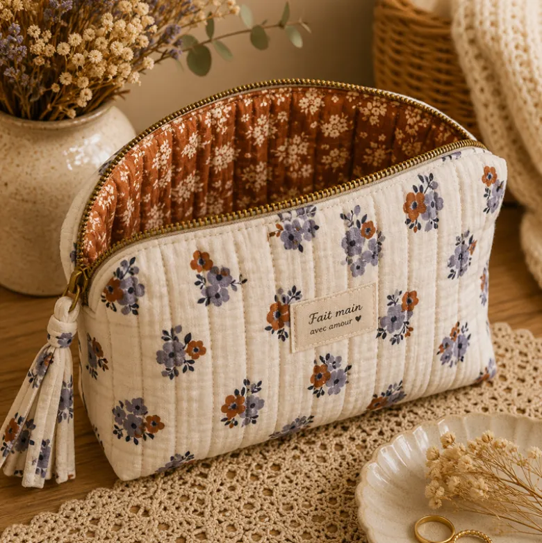 Tissu double gaze matelassé fleuri Molisa envers Osma caramel - OEKO TEX