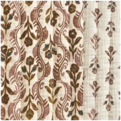 Tissu double gaze matelassé Kandla – Fleurs indiennes écru et vieux rose