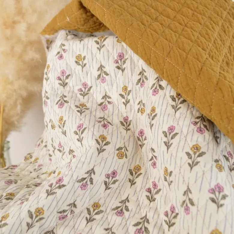 Tissu double gaze matelassé losange fleurs Aesa et uni Havane