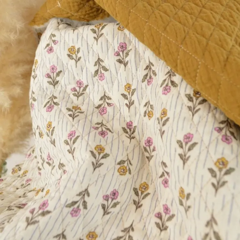 Tissu double gaze matelassé losange fleurs Aesa et uni Havane