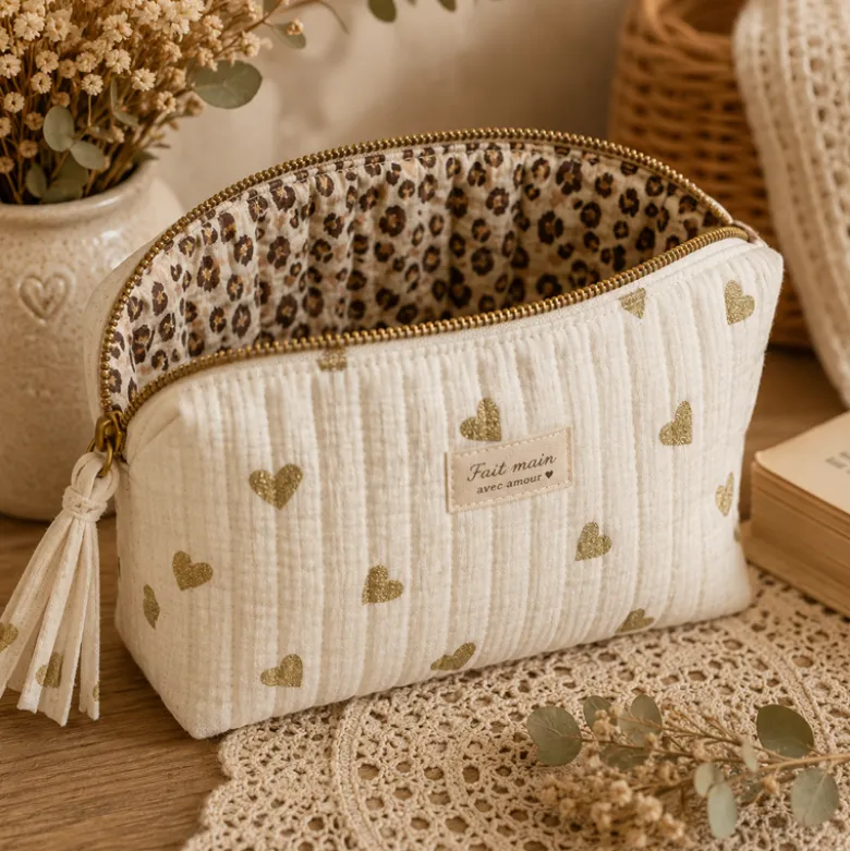 Tissu double gaze matelassé Yoon coeurs doré envers Karli léopard - OEKO TEX