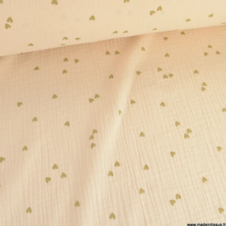 Tissu Double gaze motif coeurs fond Sable - OEKO TEX