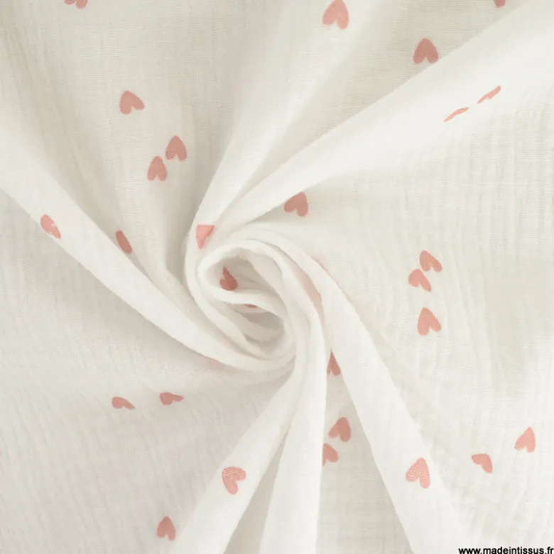 Tissu Double gaze motif coeurs roses pâle fond blanc - OEKO TEX