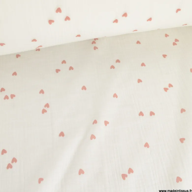 Tissu Double gaze motif coeurs roses pâle fond blanc - OEKO TEX