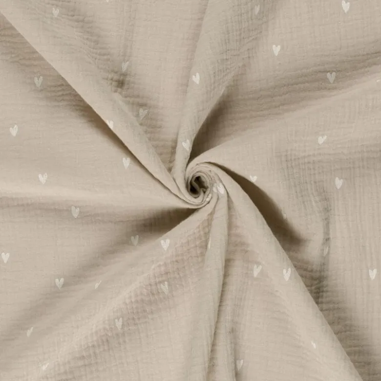 Tissu double gaze motif coeurs fond beige - OEKO TEX