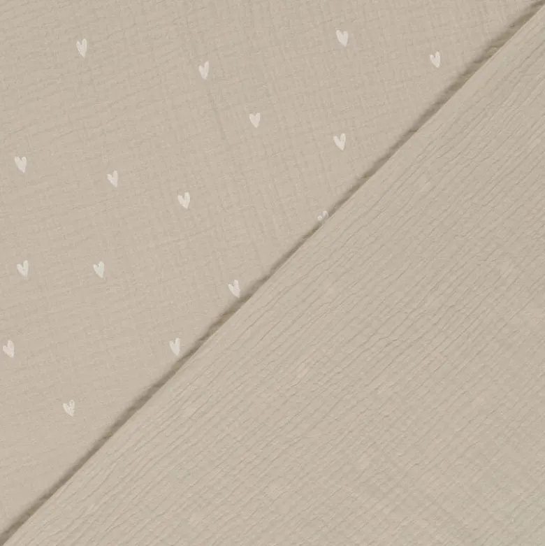 Tissu double gaze motif coeurs fond beige - OEKO TEX