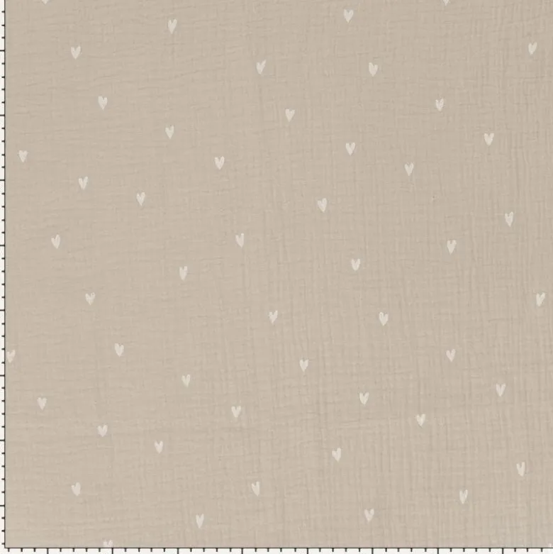 Tissu double gaze motif coeurs fond beige - OEKO TEX