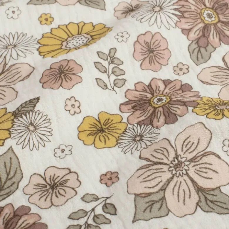 Tissu double gaze motif fleurs Marsala et tilleul - OEKO TEX