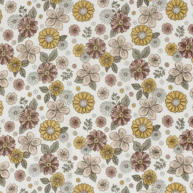 Tissu double gaze motif fleurs Marsala et tilleul - OEKO TEX