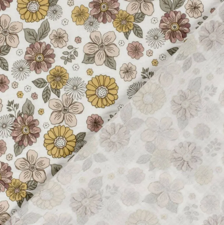 Tissu double gaze motif fleurs Marsala et tilleul - OEKO TEX