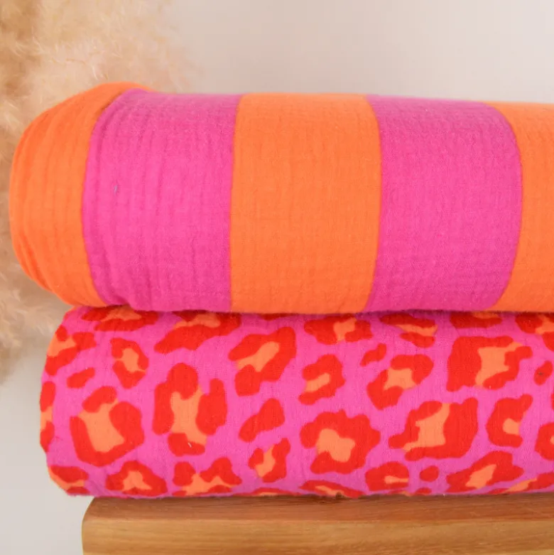 Tissu double gaze motif léopard fuchsia et orange - OEKO TEX