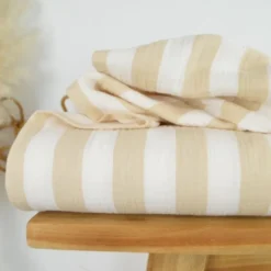 Tissu double gaze motif rayures beige et blanc - OEKO TEX