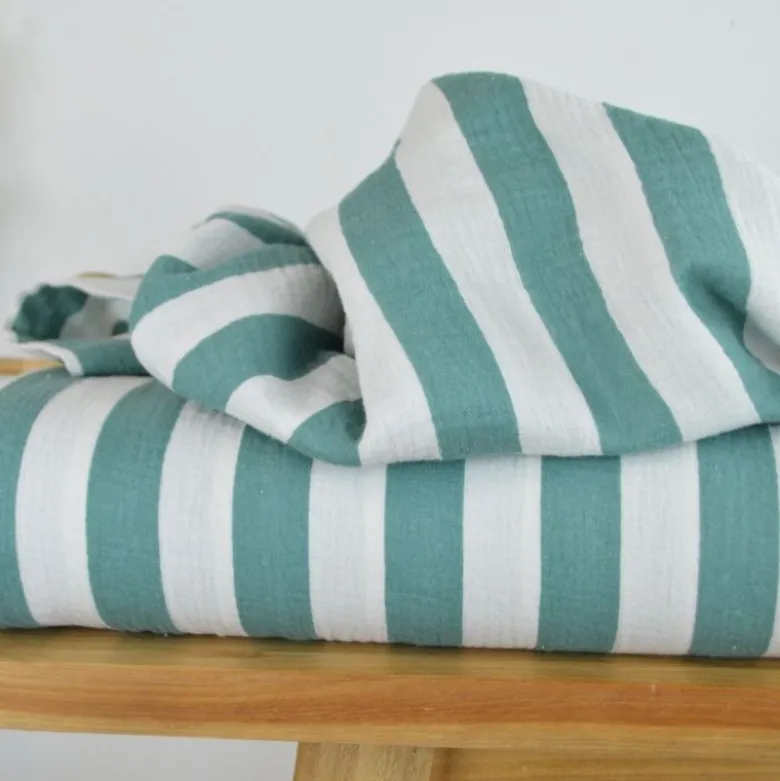 Tissu double gaze motif rayures vert et blanc - OEKO TEX