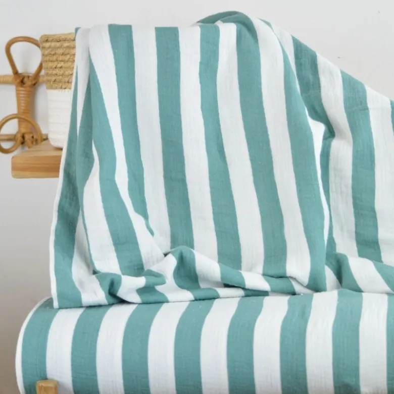 Tissu double gaze motif rayures vert et blanc - OEKO TEX