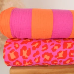 Tissu double gaze motif rayures orange et fuchsia - OEKO TEX