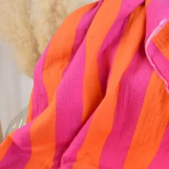 Tissu double gaze motif rayures orange et fuchsia - OEKO TEX