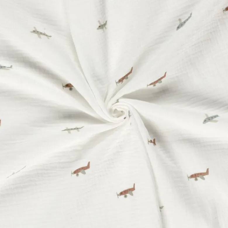 Tissu Double gaze Plane motif avions fond blanc cassé - OEKO TEX
