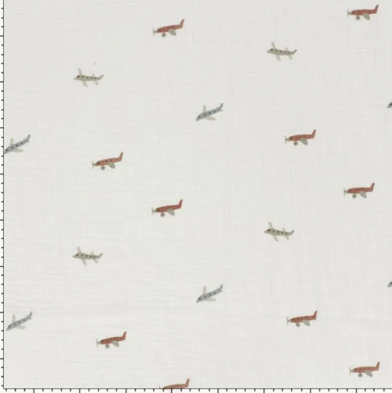 Tissu Double gaze Plane motif avions fond blanc cassé - OEKO TEX