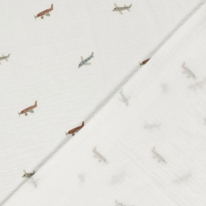 Tissu Double gaze Plane motif avions fond blanc cassé - OEKO TEX