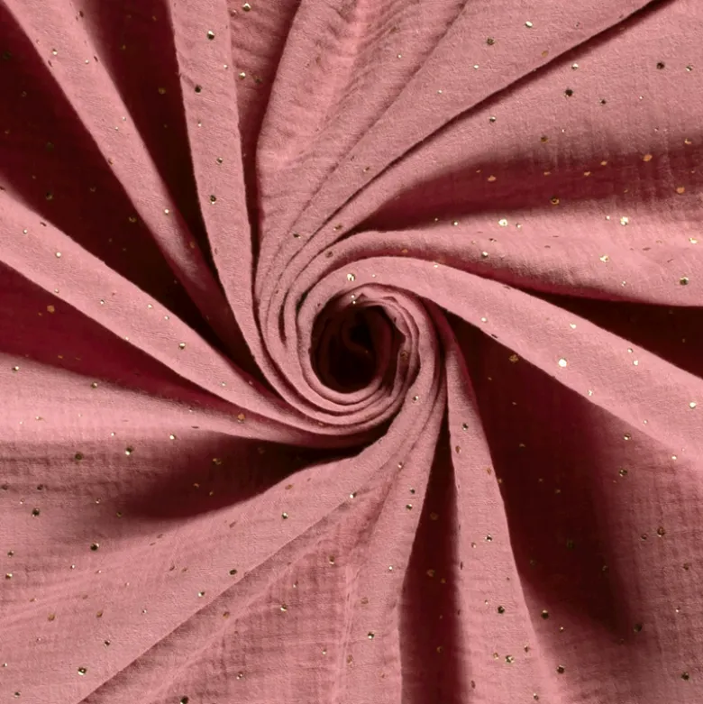 Tissu Double gaze à pois or coloris vieux rose - OEKO TEX