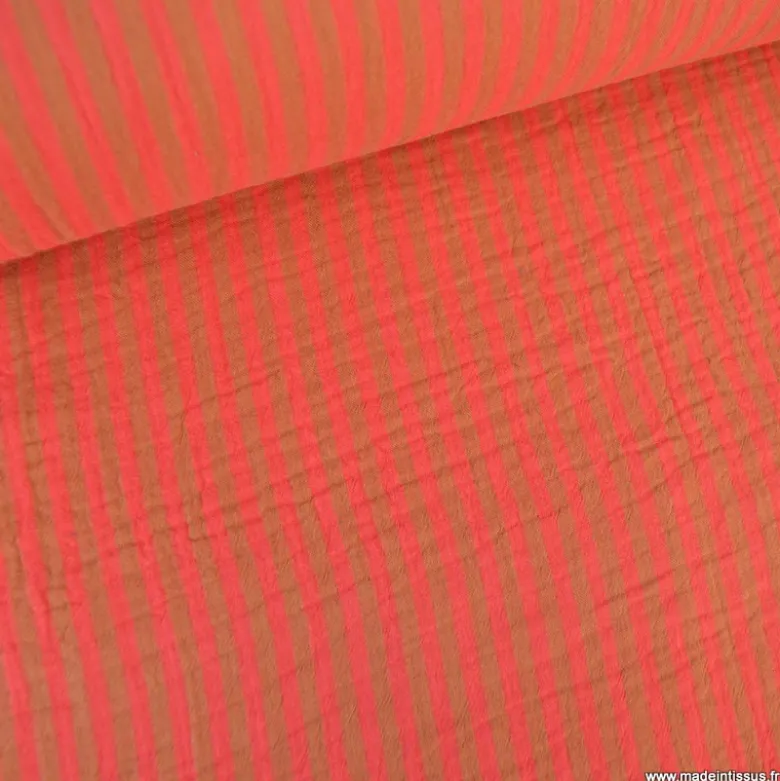 Tissu Double gaze réversible à rayures Havane et Hibiscus - OEKO TEX