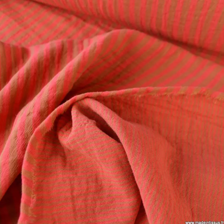 Tissu Double gaze réversible à rayures Havane et Hibiscus - OEKO TEX