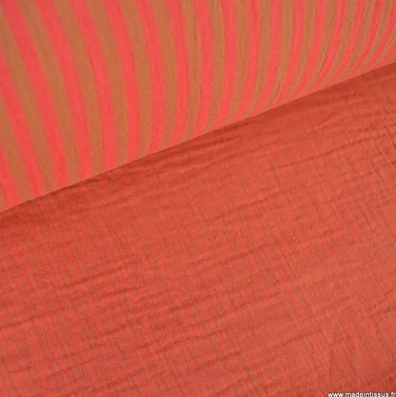 Tissu Double gaze réversible à rayures Havane et Hibiscus - OEKO TEX