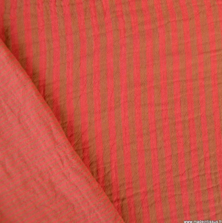 Tissu Double gaze réversible à rayures Havane et Hibiscus - OEKO TEX