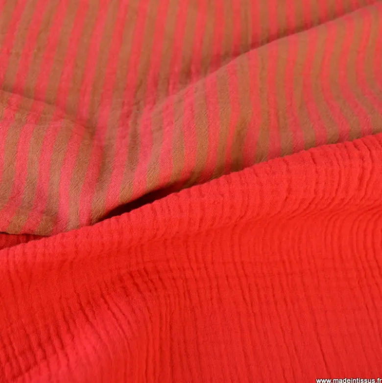 Tissu Double gaze réversible à rayures Havane et Hibiscus - OEKO TEX