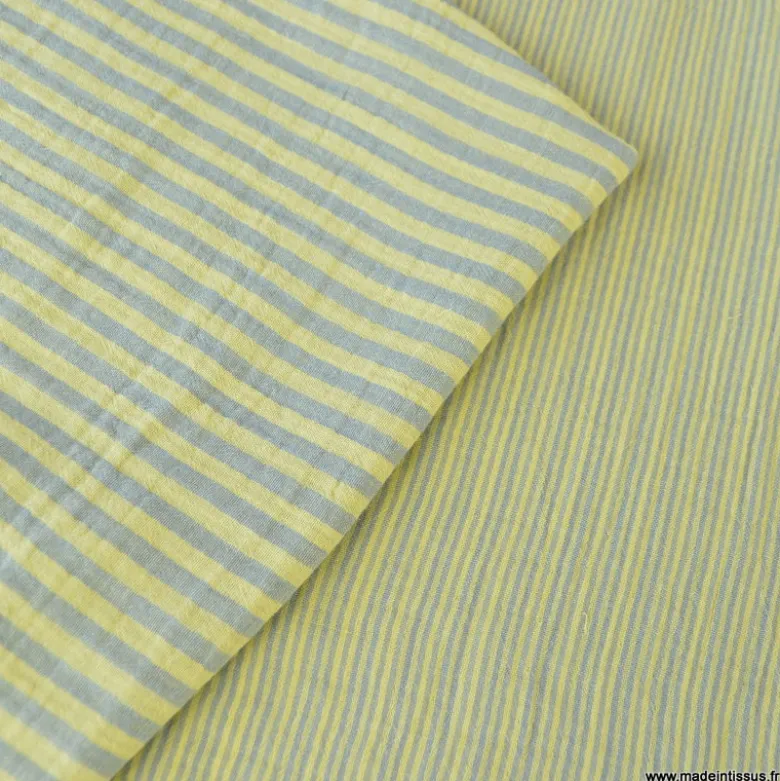 Tissu Double gaze réversible à rayures Baltique et Lemon - OEKO TEX