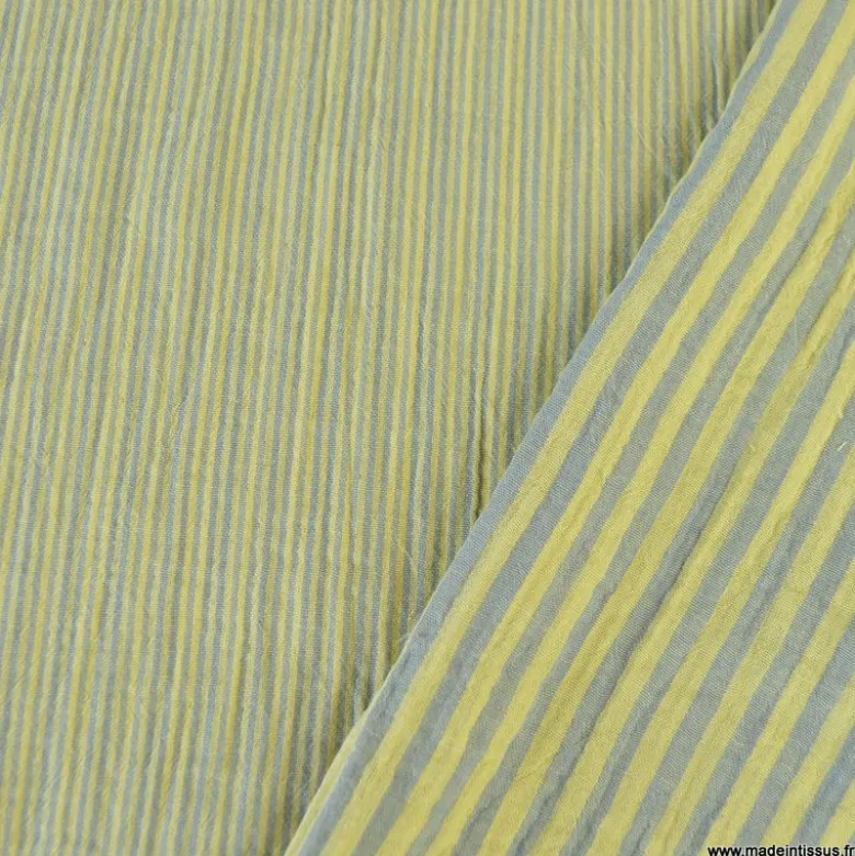 Tissu Double gaze réversible à rayures Baltique et Lemon - OEKO TEX