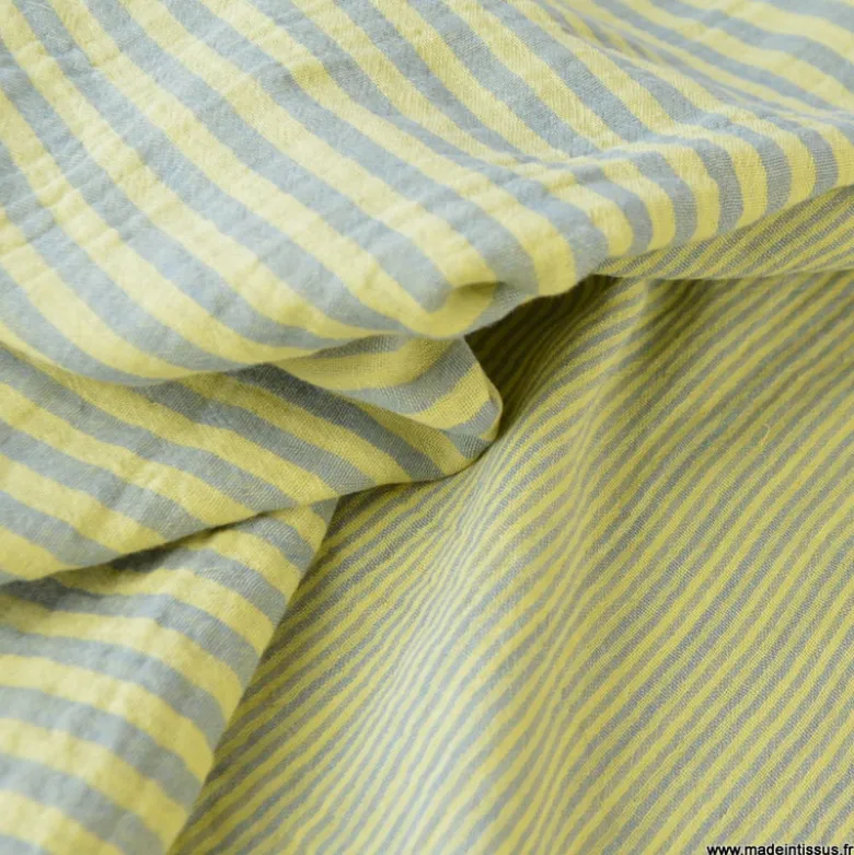 Tissu Double gaze réversible à rayures Baltique et Lemon - OEKO TEX