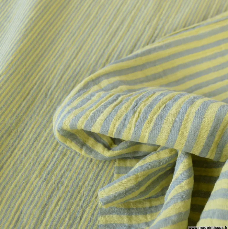 Tissu Double gaze réversible à rayures Baltique et Lemon - OEKO TEX
