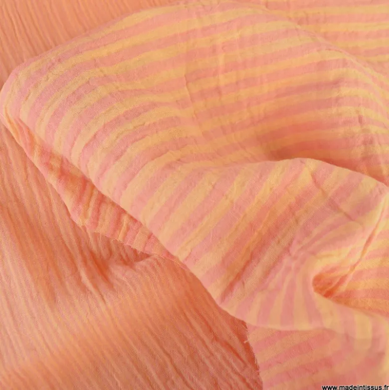 Tissu Double gaze réversible à rayures Melon et Sorbet - OEKO TEX