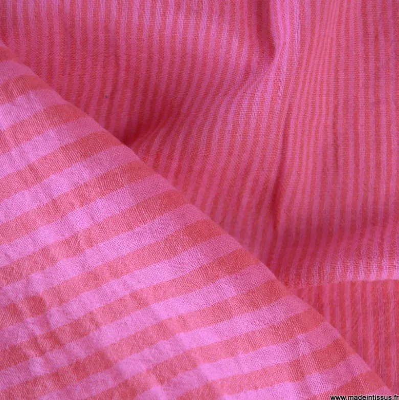 Tissu Double gaze réversible à rayures Rose bonbon et Hibiscus - OEKO TEX