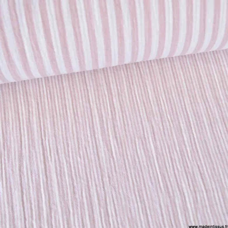 Tissu Double gaze réversible à rayures vieux rose - OEKO TEX