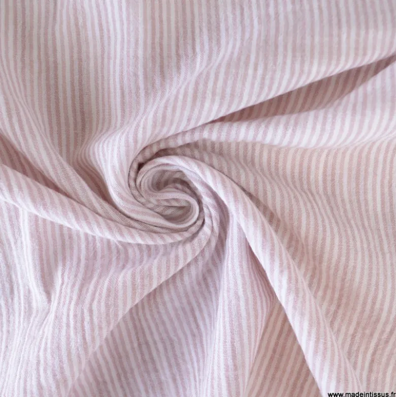 Tissu Double gaze réversible à rayures vieux rose - OEKO TEX