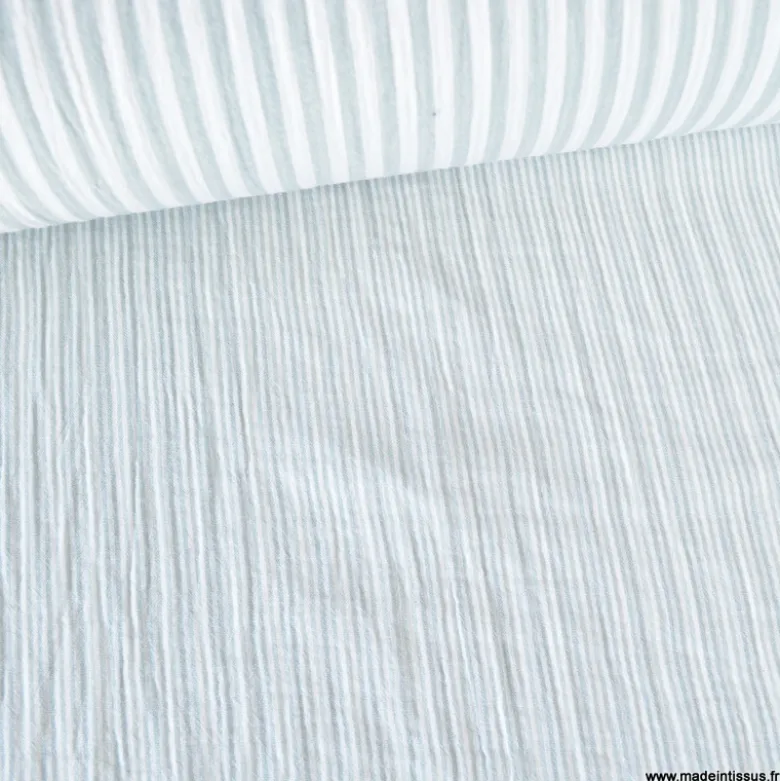 Tissu Double gaze réversible à rayures vert de gris - OEKO TEX